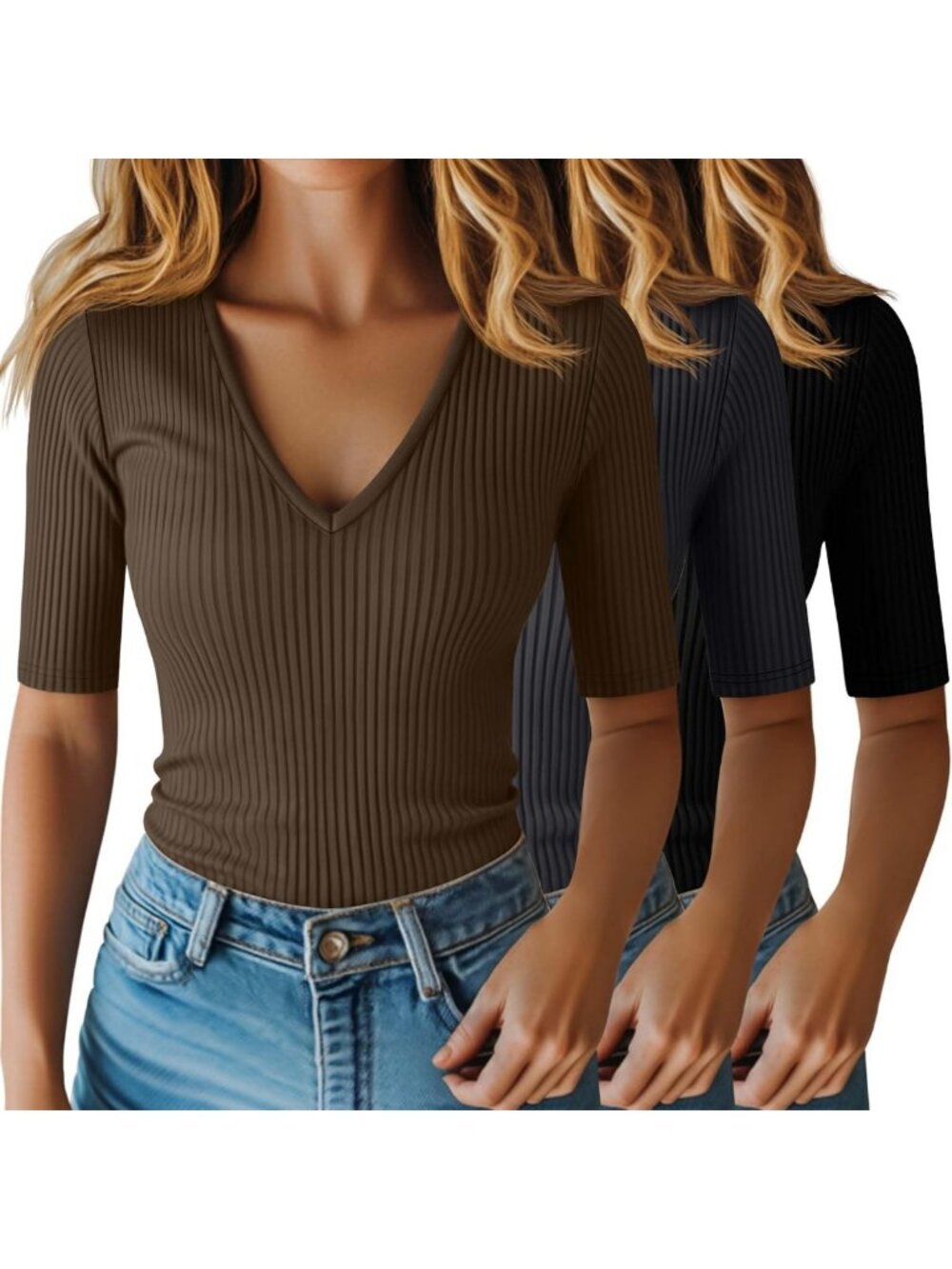 3 Pack Women's Half Sleeve V-Neck Ribbed Tops - Casual, Stylish & Versatile